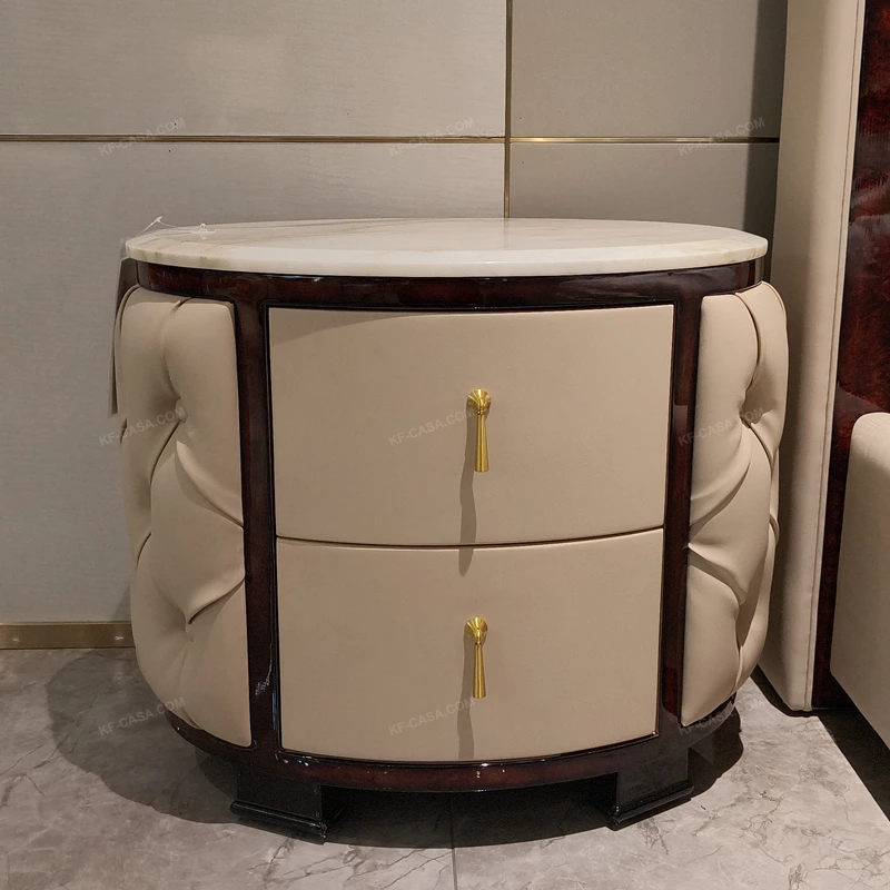 Round Cream Tufted Leather Nightstand with White Marble Top and Dark Glossy Frame